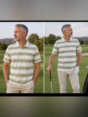 Arnold Palmer Men’s XL Striped Polo Shirt – Green & Cream – Classic Golfwear